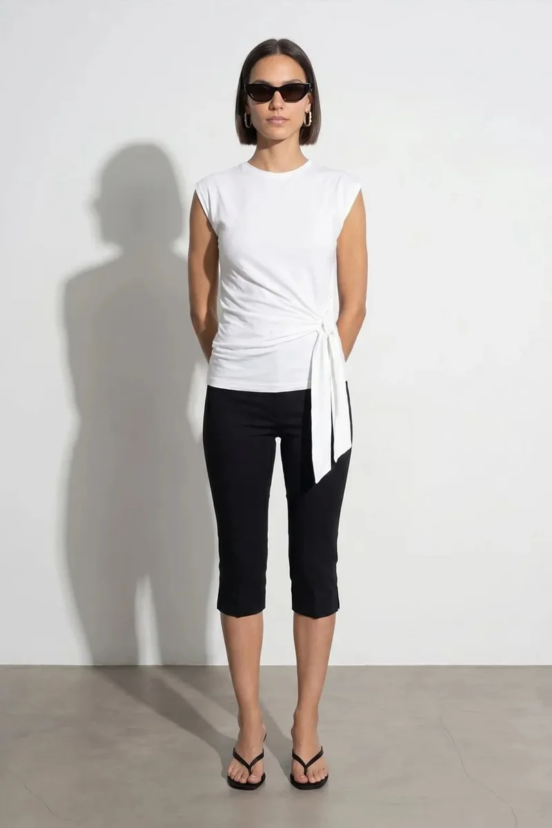 ديلفين DILVIN Women's Sleeveless Cotton Crew Neck T-Shirt with Tie Detail