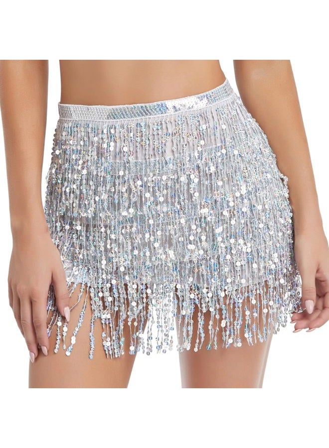 Fenyong Women's Sequin Tassel Skirts Rave Fringe Hip Scarf for Festival, Silver, L - Image 1