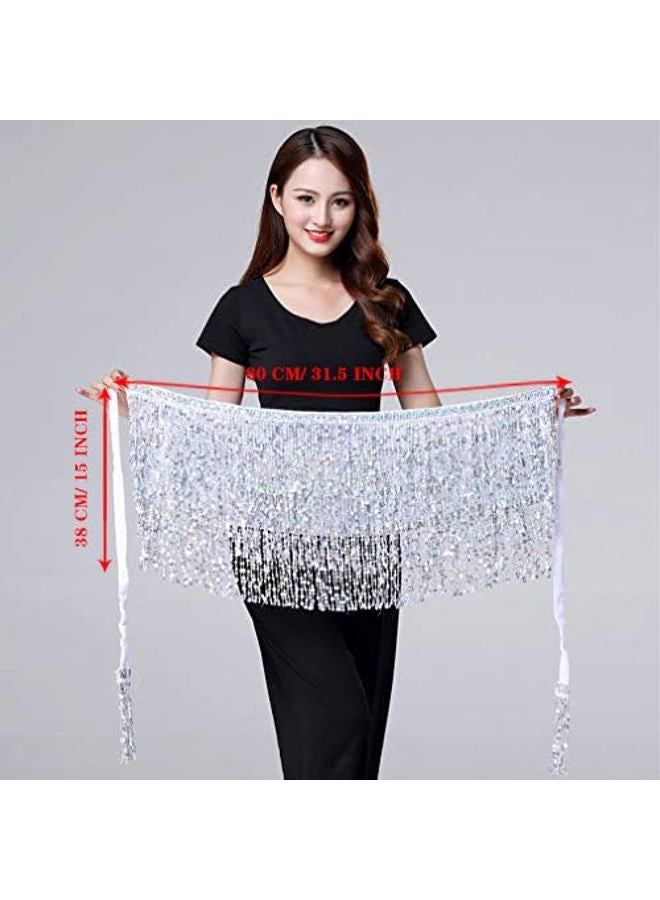 Fenyong Women's Sequin Tassel Skirts Rave Fringe Hip Scarf for Festival, Silver, L - Image 2