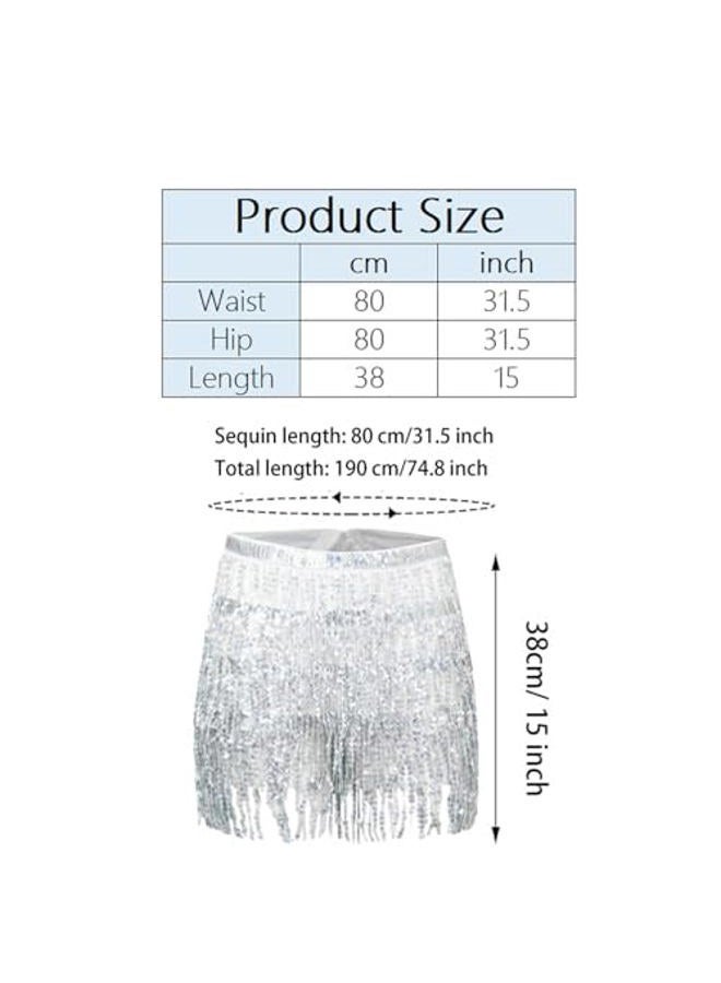 Fenyong Women's Sequin Tassel Skirts Rave Fringe Hip Scarf for Festival, Silver, L - Image 4