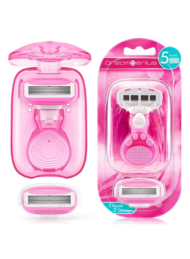 DreamGenius Travel Razors For Women Include 1 Handle And 2 Cartridges Portable 5Blade Mini Razor With Travel Case The Best Travel Size Toiletries For Women Pink - Image 1