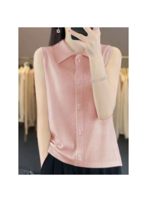2024 Early Spring Autumn Matching Partner Design Sensibility Imitation Wool Shirt Collar Knit Vest Versatile Sleeveless Inner Wo Pink