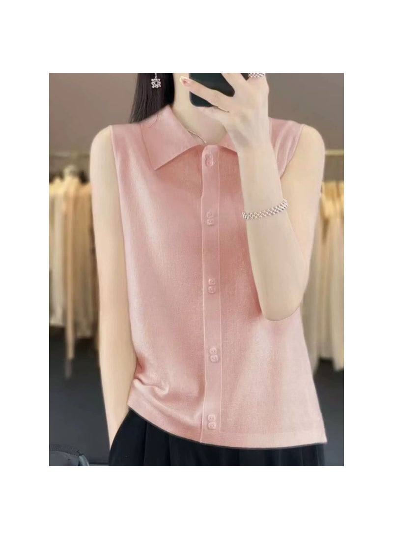 Generic - 2024 Early Spring Autumn Matching Partner Design Sensibility Imitation Wool Shirt Collar Knit Vest Versatile Sleeveless Inner Wo Pink - Image 1