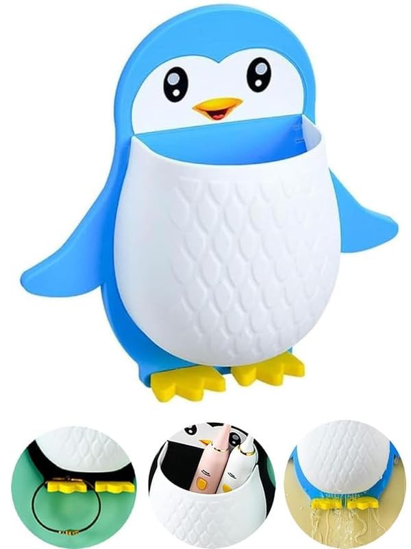 Anshri Pack of 1 Self Adhesive Toothbrush Holder Plastic Wall Mounted Penguin Storage Organizer for Bathroom Multipurpose - Image 1