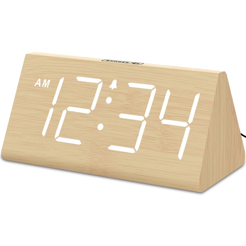 DreamSky Wooden Digital Alarm Clocks for Bedrooms Electric Desk Clock with Large Numbers USB Port Loud Alarm for Heavy Sleepers Adjustable Volume Dimmer Snooze DST Wood Dcor Adapter Powered