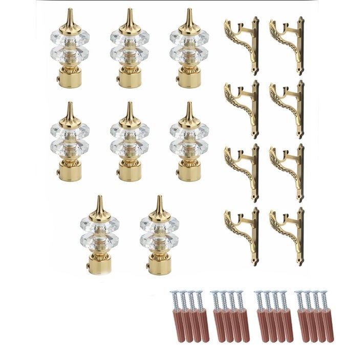 ALUMINIUM DOUBLE DIAMOND CURTAIN BRACKETS PARDA HOLDERS WITH SUPPORT FITTINGS 1 INCH ROD POCKET FINIALS DESIGNER DOOR AND WINDOW GOLDEN 4 PAIR