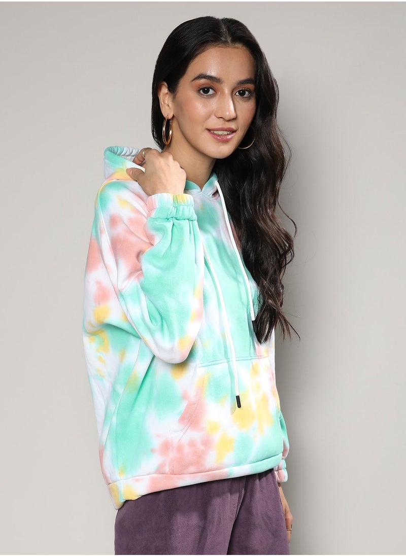 Campus Sutra - Women's Mint Green & Brown Oversized Tie-Dye Hoodie - Image 1