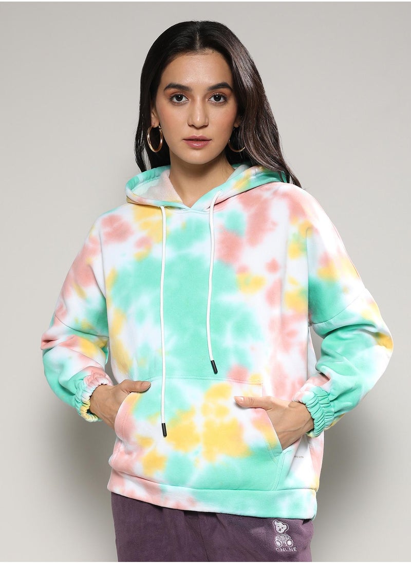 Campus Sutra - Women's Mint Green & Brown Oversized Tie-Dye Hoodie - Image 1