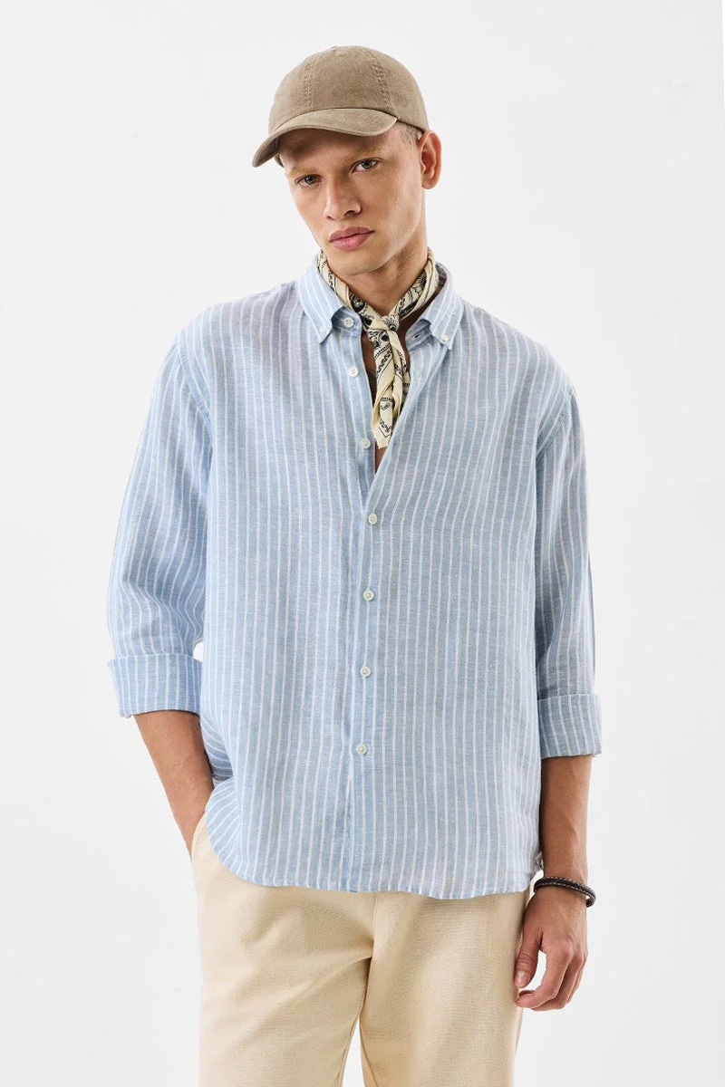SNITCH Light Blue Striped Long Sleeve Regular Fit Shirt