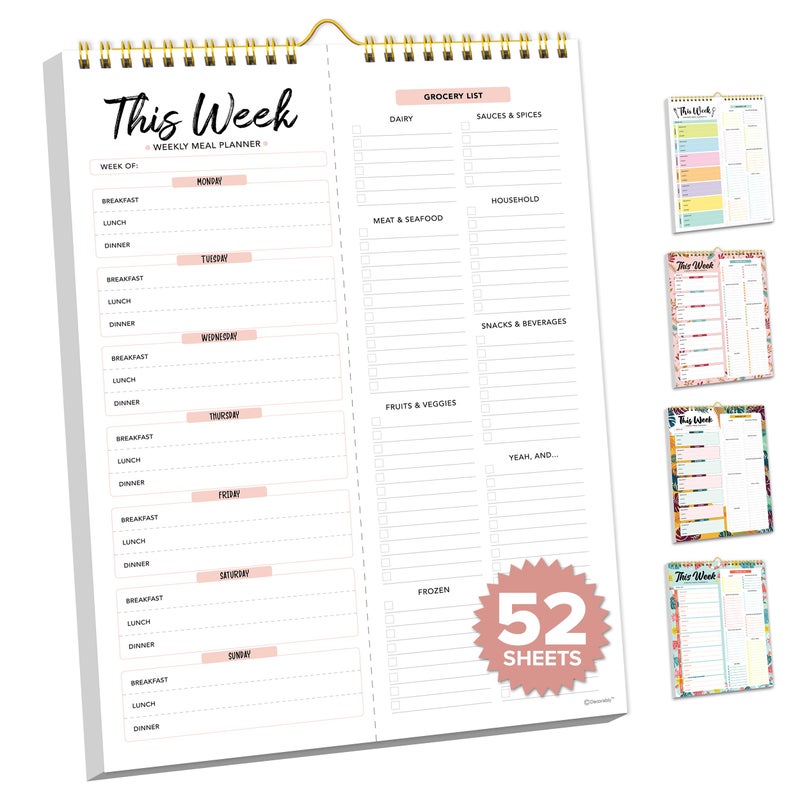 Decorably 52 Sheets Minimal Pink Undated Magnetic Weekly Meal Plan Grocery List Notepad with 4 Strong Magnets - 8.5x11in Spring-Bound, Refrigerator Mountable, Easy Tear-Off Design - Image 1