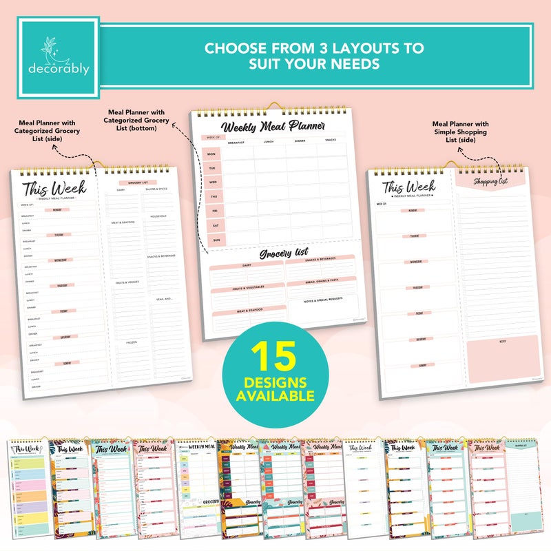 Decorably 52 Sheets Minimal Pink Undated Magnetic Weekly Meal Plan Grocery List Notepad with 4 Strong Magnets - 8.5x11in Spring-Bound, Refrigerator Mountable, Easy Tear-Off Design - Image 2