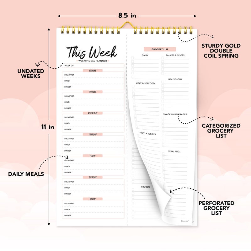 Decorably 52 Sheets Minimal Pink Undated Magnetic Weekly Meal Plan Grocery List Notepad with 4 Strong Magnets - 8.5x11in Spring-Bound, Refrigerator Mountable, Easy Tear-Off Design - Image 3