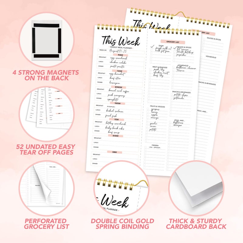 Decorably 52 Sheets Minimal Pink Undated Magnetic Weekly Meal Plan Grocery List Notepad with 4 Strong Magnets - 8.5x11in Spring-Bound, Refrigerator Mountable, Easy Tear-Off Design - Image 4