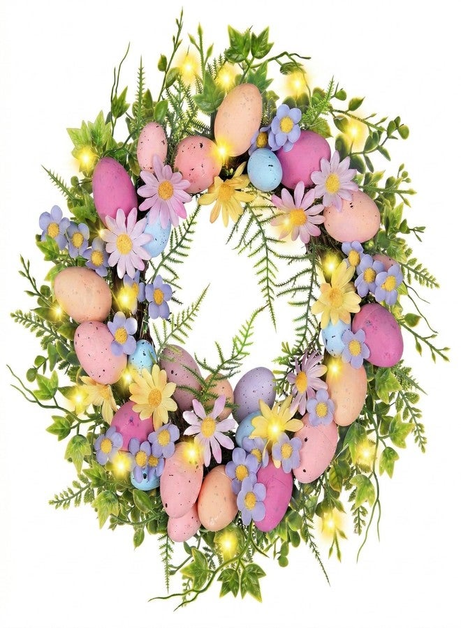 Rotroyce Pastel Easter Wreath for Front Door with Lights, 18 Inch Spring Floral Wreath with Colorful Eggs, Daisy & Eucalyptus Greenery, Farmhouse Easter Door Decor - Image 1