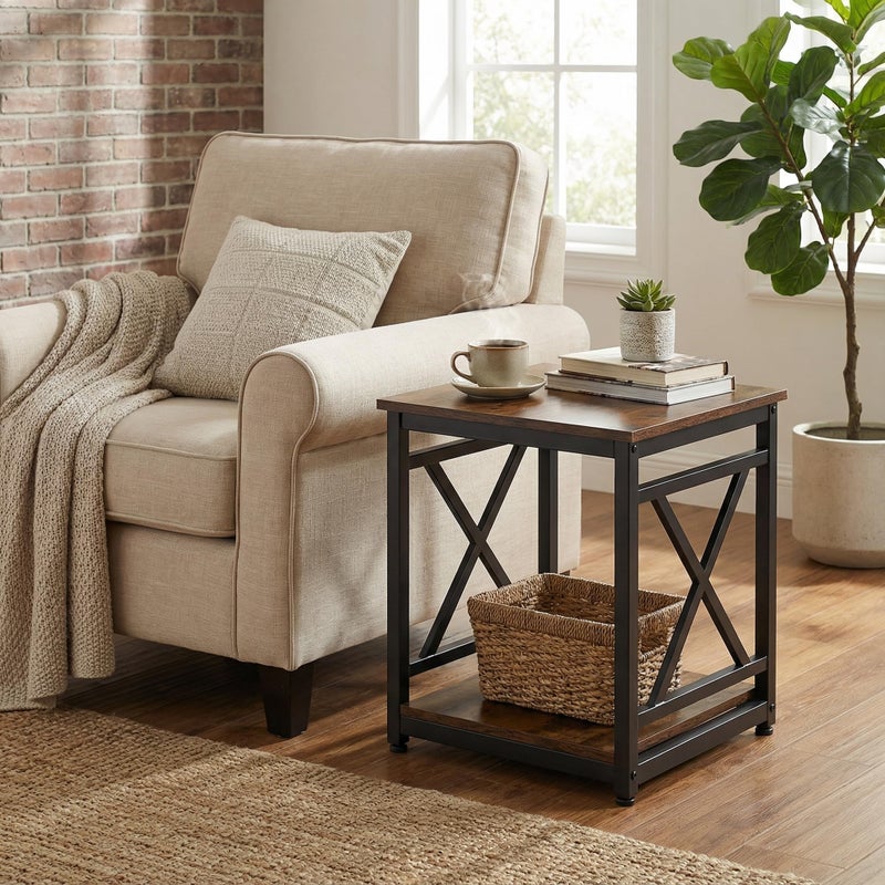 KSWIN Industrial End Table with 2-Tier Storage Shelf, 18'' Square Side Table with X-Design Metal Frame, Rustic Brown Nightstand Bedside for Living Room Bedroom - Image 2
