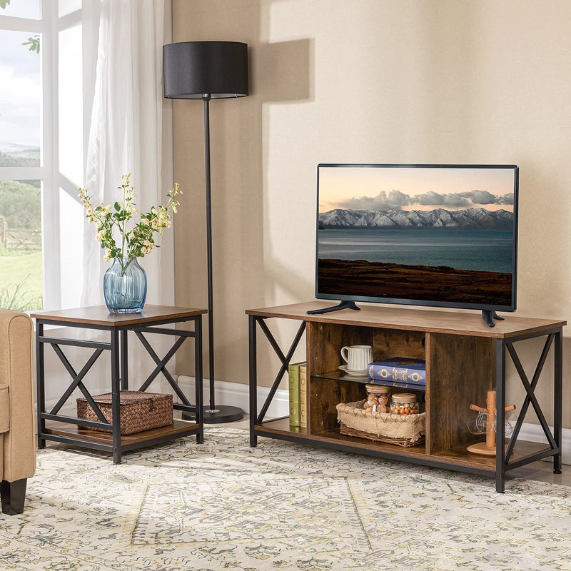 KSWIN Industrial End Table with 2-Tier Storage Shelf, 18'' Square Side Table with X-Design Metal Frame, Rustic Brown Nightstand Bedside for Living Room Bedroom - Image 5