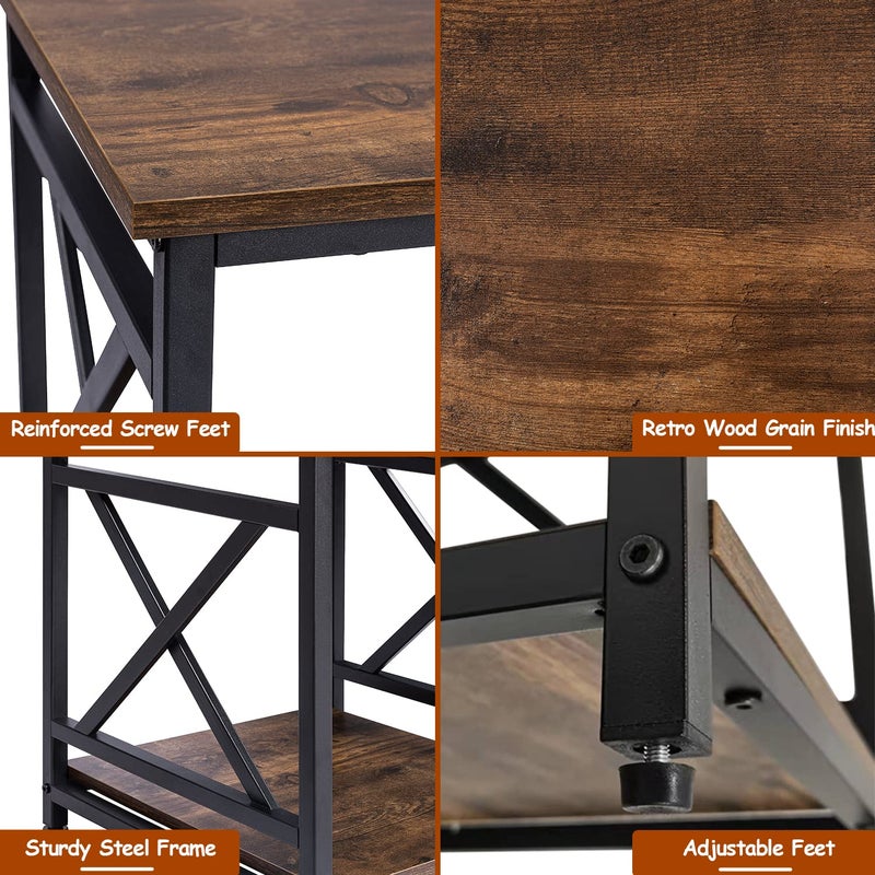 KSWIN Industrial End Table with 2-Tier Storage Shelf, 18'' Square Side Table with X-Design Metal Frame, Rustic Brown Nightstand Bedside for Living Room Bedroom - Image 3