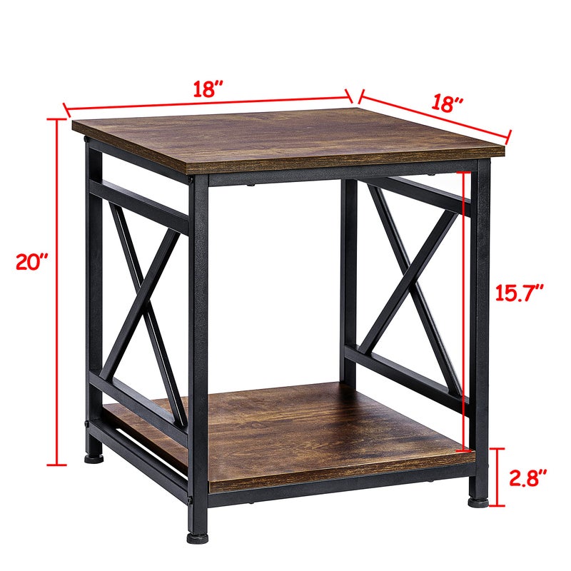 KSWIN Industrial End Table with 2-Tier Storage Shelf, 18'' Square Side Table with X-Design Metal Frame, Rustic Brown Nightstand Bedside for Living Room Bedroom - Image 4
