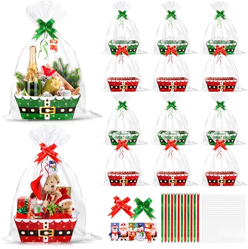 Orchidleaf 12 Pack Christmas Basket for Gifts Empty with Handle Gift Baskets Empty to Fill Bulk Red and Green Gift Boxes with bows Gift Cards for Christmas Party Presents - Image 1