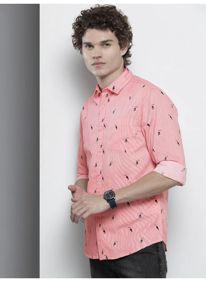 شركة المرآب الهندية Pink Regular Fit Casual Fauna Spread Collar Full Sleeves Cotton Shirt