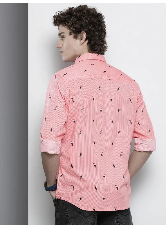 شركة المرآب الهندية Pink Regular Fit Casual Fauna Spread Collar Full Sleeves Cotton Shirt