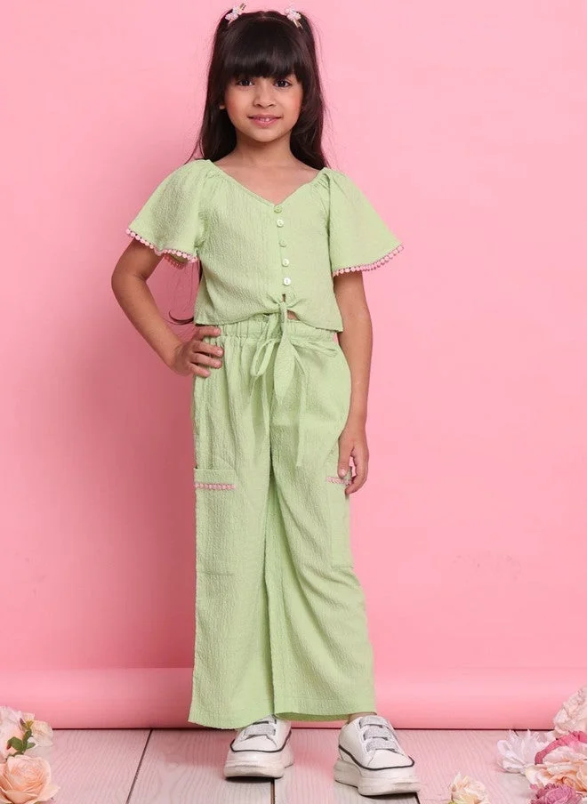 Saka Designs Girls Green V-Neck Top With Trousers Set