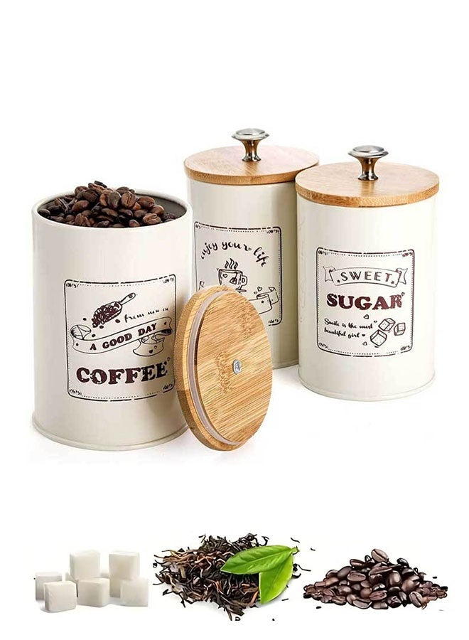 YelaJoy Canister Sets for Kitchen Counter, Metal Vintage Kitchen Canisters Set of 3, Coffee Sugar Tea Canister Set, Food Storage Canister with Bamboo Lid, Farmhouse Kitchen Decor, Beige - Image 1