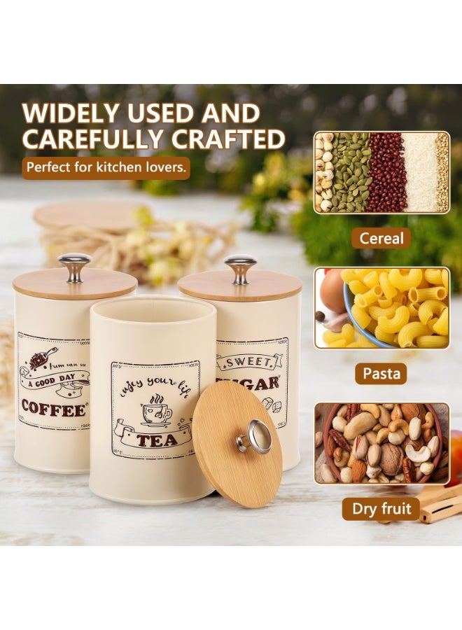 YelaJoy Canister Sets for Kitchen Counter, Metal Vintage Kitchen Canisters Set of 3, Coffee Sugar Tea Canister Set, Food Storage Canister with Bamboo Lid, Farmhouse Kitchen Decor, Beige - Image 2