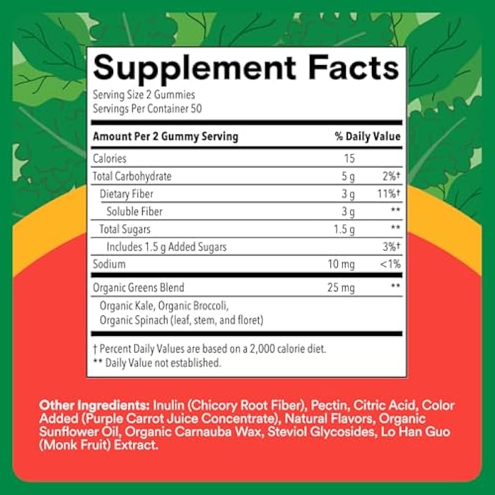 SmartyPants Kids Fiber & Veggies: Prebiotic Fiber Gummies for Kids, Fiber Supplement with Inulin, Organic Green Veggie Blend, Vegan, Gluten Free, Mixed Berry Flavor, 60 Count (30 Day Supply) - Image 3