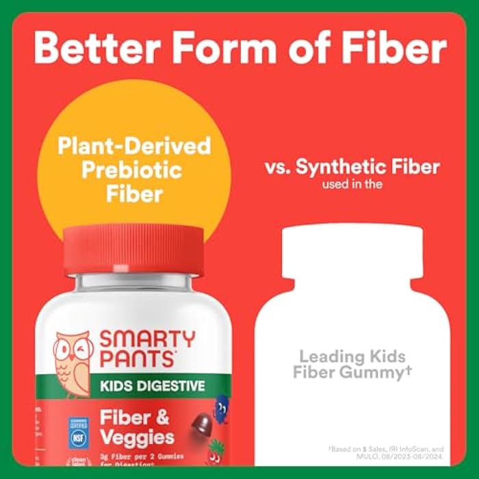 SmartyPants Kids Fiber & Veggies: Prebiotic Fiber Gummies for Kids, Fiber Supplement with Inulin, Organic Green Veggie Blend, Vegan, Gluten Free, Mixed Berry Flavor, 60 Count (30 Day Supply) - Image 5