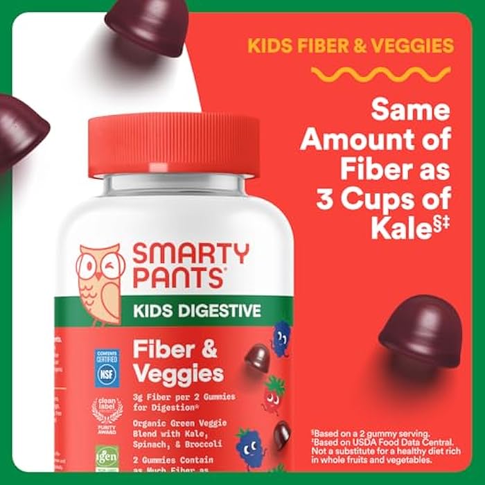 SmartyPants Kids Fiber & Veggies: Prebiotic Fiber Gummies for Kids, Fiber Supplement with Inulin, Organic Green Veggie Blend, Vegan, Gluten Free, Mixed Berry Flavor, 60 Count (30 Day Supply) - Image 2