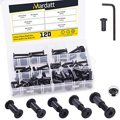 Mardatt 120pcs 5 Sizes M6x16mm/20mm/25mm/30mm/35mm Black Hex Socket Cap Bolts and Barrel Nuts Assortment Kit, Crib Bolts Flat Head Binding Bolt Screw Post for Belt Buckle Leather Furniture - Image 1