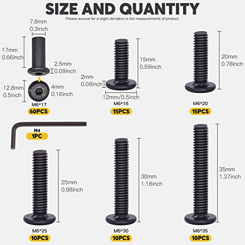 Mardatt 120pcs 5 Sizes M6x16mm/20mm/25mm/30mm/35mm Black Hex Socket Cap Bolts and Barrel Nuts Assortment Kit, Crib Bolts Flat Head Binding Bolt Screw Post for Belt Buckle Leather Furniture - Image 2
