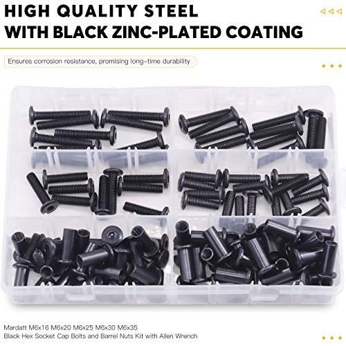 Mardatt 120pcs 5 Sizes M6x16mm/20mm/25mm/30mm/35mm Black Hex Socket Cap Bolts and Barrel Nuts Assortment Kit, Crib Bolts Flat Head Binding Bolt Screw Post for Belt Buckle Leather Furniture - Image 5