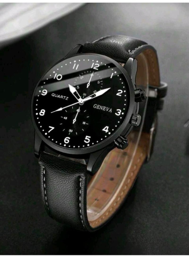 Shein 4pc Men's Watch Set, Casual & Fashionable, Round Dial, Arabic Numeral Markers, PU Strap Quartz Watch, Comes With Necklace, Bracelet And Ring - Image 4