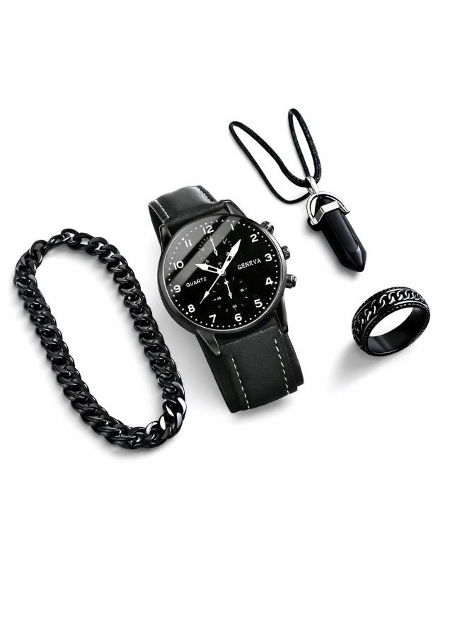 Shein 4pc Men's Watch Set, Casual & Fashionable, Round Dial, Arabic Numeral Markers, PU Strap Quartz Watch, Comes With Necklace, Bracelet And Ring - Image 1