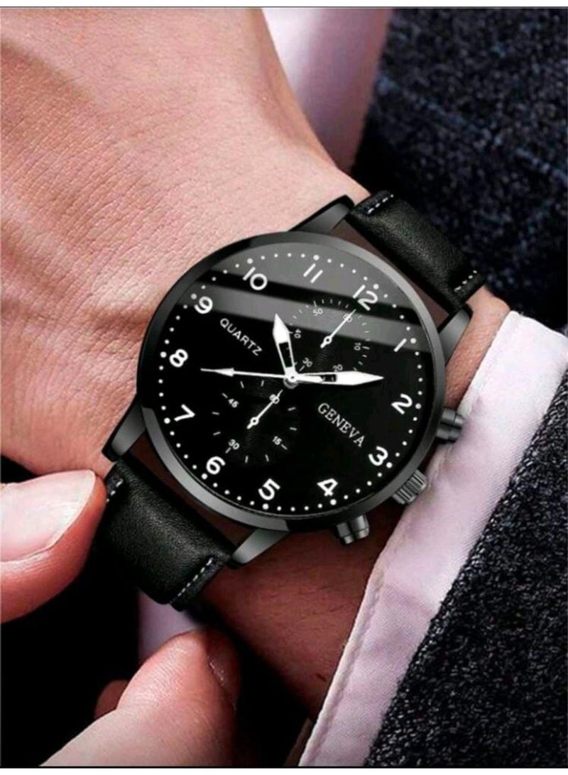 Shein 4pc Men's Watch Set, Casual & Fashionable, Round Dial, Arabic Numeral Markers, PU Strap Quartz Watch, Comes With Necklace, Bracelet And Ring - Image 3