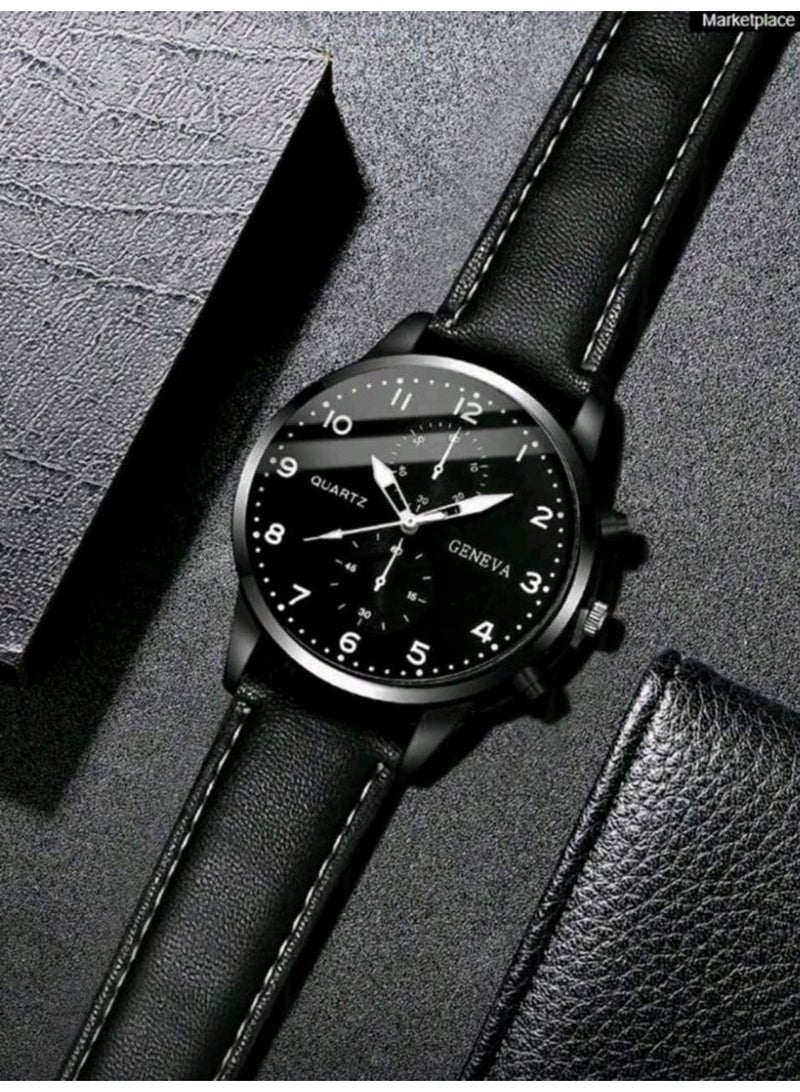 Shein 4pc Men's Watch Set, Casual & Fashionable, Round Dial, Arabic Numeral Markers, PU Strap Quartz Watch, Comes With Necklace, Bracelet And Ring - Image 5