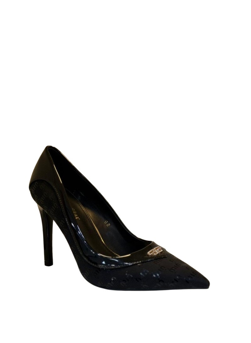 Shoe star أحذية نسائية بكعب عالٍ من الجلد الأسود بتصميم مزدوج من إيليجانس هيلز - Image 1