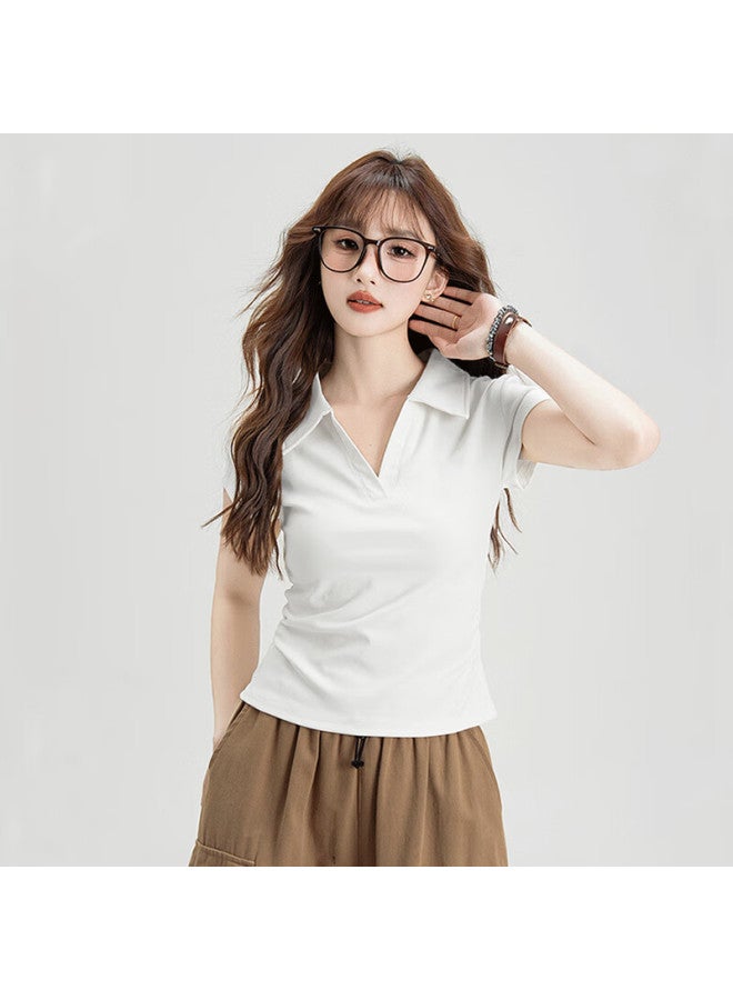 Nome Summer Short Sleeve T-shirt Women's White Polo Shirt Slim Fit Side Pleated Top - Image 3