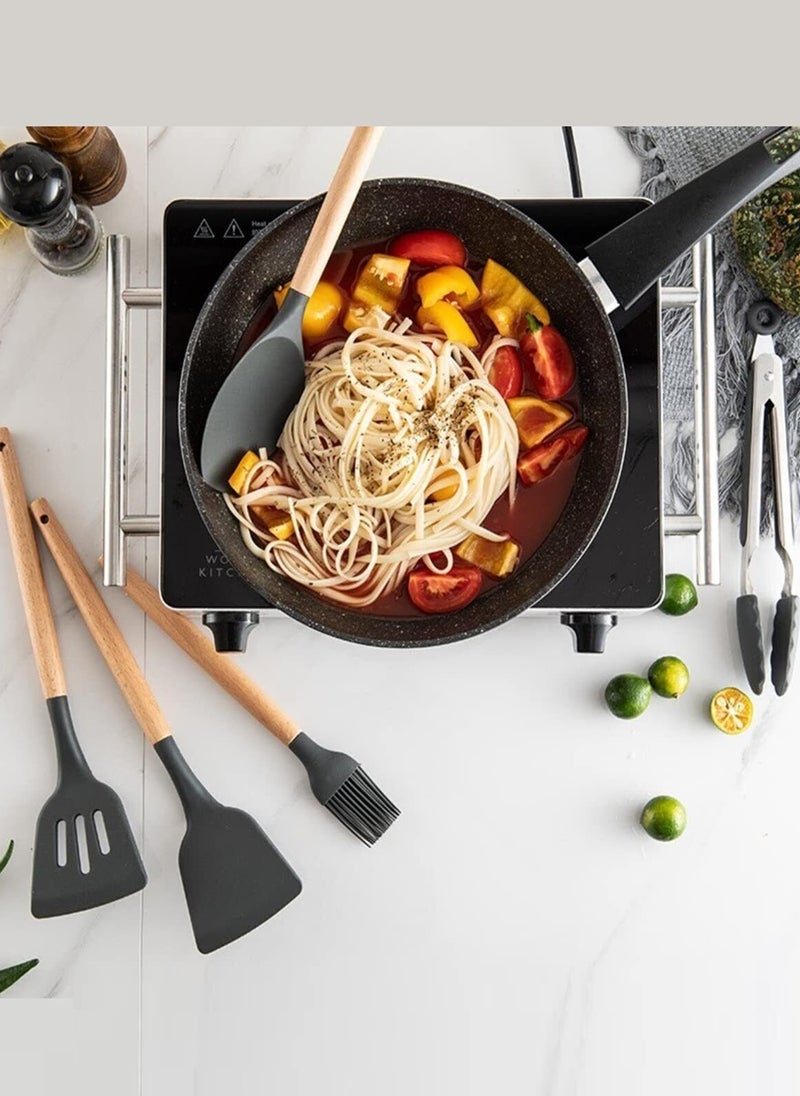 12 قطعة مجموعة أدوات مطبخ من السيليكون غير لاصقة، أواني الطبخ، أواني الطبخ، ملعقة، مجرفة، مضارب البيض، مقبض خشبي، أداة مطبخ الطبخ - Image 3