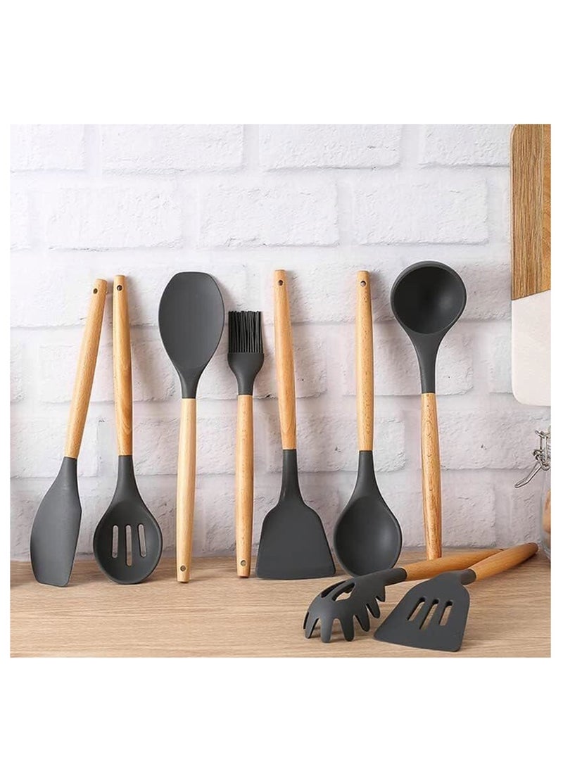 12 قطعة مجموعة أدوات مطبخ من السيليكون غير لاصقة، أواني الطبخ، أواني الطبخ، ملعقة، مجرفة، مضارب البيض، مقبض خشبي، أداة مطبخ الطبخ - Image 5