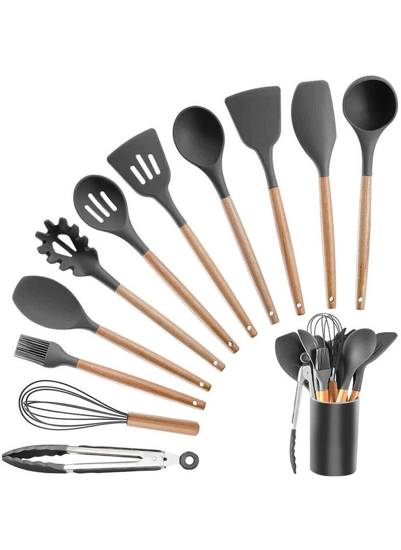 12 قطعة مجموعة أدوات مطبخ من السيليكون غير لاصقة، أواني الطبخ، أواني الطبخ، ملعقة، مجرفة، مضارب البيض، مقبض خشبي، أداة مطبخ الطبخ - Image 1