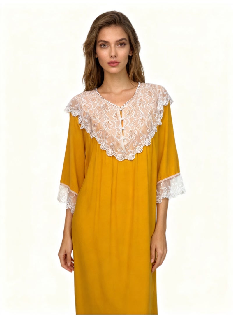 Orchid Lace Yellow Nightgown—Comfortable and Breathable Sleepwear - Image 1