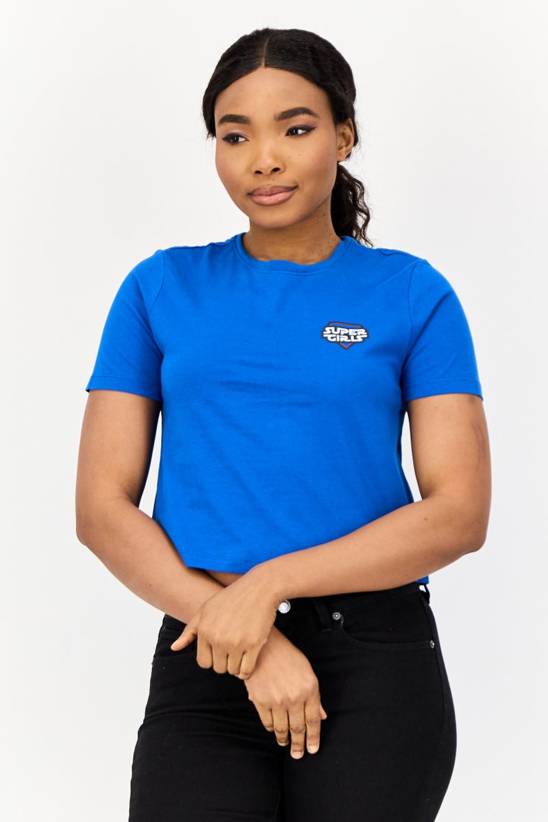 ONLY Women Crew Neck Short Sleeve Graphic T Shirt, Blue - Image 1