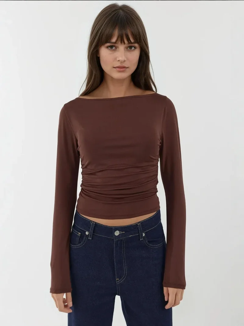 HICCUP Boat Neck Long Sleeve Slim Fit Knit Top