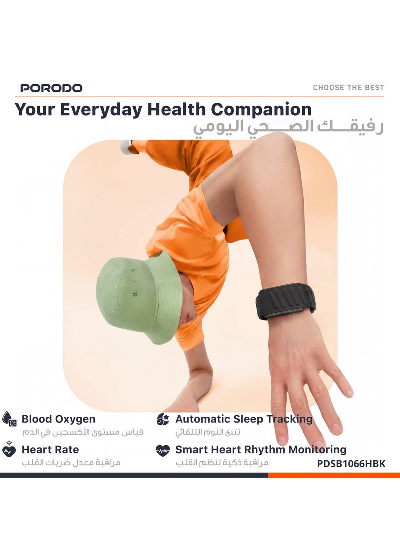 بورودو جهاز تتبع اللياقة البدنية TrackFit Apex من Porodo بدون شاشة مع تخطيط القلب ECG، ومراقبة معدل ضربات القلب والأكسجين في الدم والنوم - سوار ذكي مقاوم للماء IP68، بلوتوث 5.4، بطارية تدوم 14 يومًا، أسود - Image 4