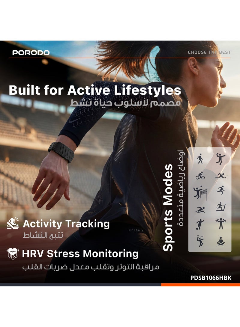 بورودو جهاز تتبع اللياقة البدنية TrackFit Apex من Porodo بدون شاشة مع تخطيط القلب ECG، ومراقبة معدل ضربات القلب والأكسجين في الدم والنوم - سوار ذكي مقاوم للماء IP68، بلوتوث 5.4، بطارية تدوم 14 يومًا، أسود - Image 2