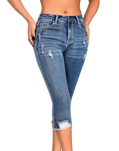 roswear Women's Capri Pants Mid Rise Skinny Ripped Stretchy Cropped Distressed Jeans Light Blue Large - Image 1