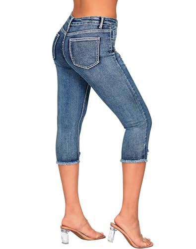 roswear Women's Capri Pants Mid Rise Skinny Ripped Stretchy Cropped Distressed Jeans Light Blue Large - Image 2